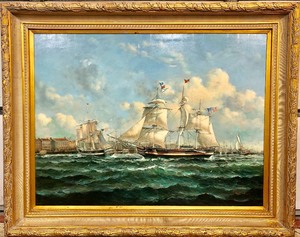 lot 5 image: MONUMENTAL Vintage American Ships Oil on Canvas Nautical Early Boston Harbor Scene Painting by Robert Sanders