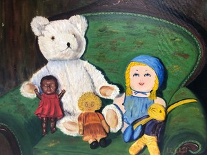 lot 6 image: Wonderful 1930s Folk Art Oil on Canvas Painting by Polly Van Arsdell - Childhoods Family