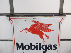 lot 1 image: Original 1932 MOBIL Oil Mobilgas Double Sided Porcelain Sign