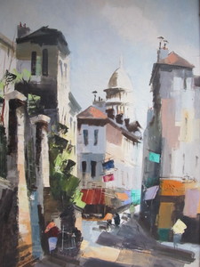 lot 184 image: Nice Vintage Mid Century 1960s JEAN CORDET French Street Scene Oil on Canvas Painting