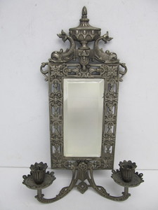 lot 19 image: Ornate Antique 1880s Dolphin Ware Beveled Mirror Double Wall Sconce 