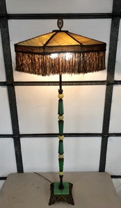lot 226 image: Stunning Antique Iron & Jadeite Houze Glass Floor Lamp wOriginal Shade