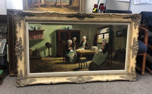 lot 75 image: HUGE Signed Vintage Oil on Canvas Quaint Interior Scene w Ladies Sewing
