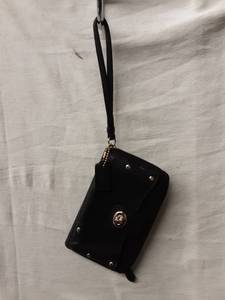 lot 69 image: Coach Black Leather With Gold Studs Zip Wallet With Strap