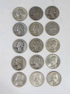 lot 10 image: 15 Pre-1965 Silver Quarters all circulated