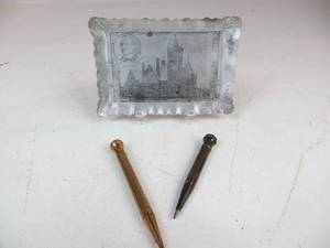 lot 91 image: 2 VINTAGE Pencils & Metal Church Souvenir Trinket Tray
