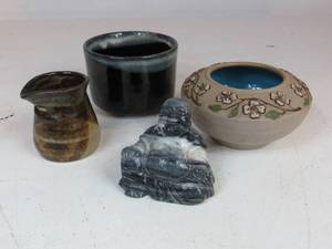 lot 93 image: 3 Ceramic Pieces & Stone Buddha