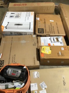 lot 14 image: Pallet with assorted General Merchandise customer returns Furniture, lightning, tools, Cabinets, garbage cans,   and more some maybe missing parts or need repair