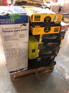 lot 1 image: Pallet with Assorted Hardware and Tools includes Husky, Ridgid, Ryobi, Dewalt this are Customer Returns