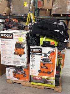lot 24 image: Pallet with Assorted Hardware and Tools includes Husky, Ridgid, Ryobi, Dewalt this are Customer Returns