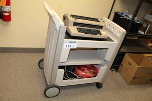 lot 114 image: Rubbermaid Plastic 3-Tier Rolling Utility Cart