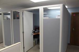 lot 123 image: Two-Room Office Cubicle with J-Shaped Desk, Rolling Office Arm Chair, Metal File Cabinets