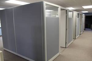 lot 124 image: Seven -Room Office Cubicle with L-Shaped Desk, Rolling Office Chair, Metal File Cabinets