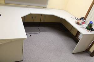 lot 129 image: U-Shape Office Desk, Personal File Cabinet, Over-Desk Locking Cabinet