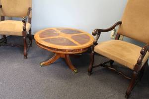 lot 151 image: Round Wood Pedstal Coffee Table with Wood Inlays, Brass Feet Protectors