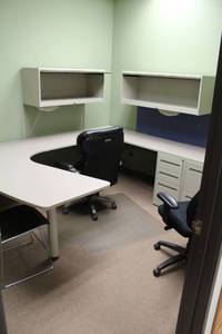 lot 204 image: U-Shape Office Desk, Metal File Cabinet and Lateral File Cabinet with Keys, Rolling Office Chairs, Over-Desk Bookshelf, Floor Protector