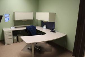 lot 205 image: U-Shape Office Desk, Metal File Cabinet with Keys, Overdesk Cabinets with Keys, Rolling Office Chair, Floor Protector