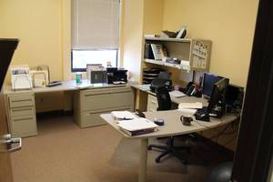 lot 207 image: Office Desk, Metal File Cabinet and Lateral File Cabinet with Keys, Overdesk Bookcase, Rolling Office Chair, Floor Protector