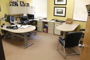 lot 209 image: Office Desk, Metal File Cabinets and Overdesk Cabinets with Keys, Leather Rolling Office Arm Chair, 2-Office Arm Chairs, Floor Protector