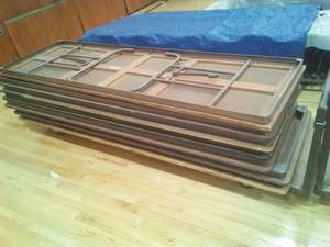 lot 5 image: Folding 8 ft. Tables (7) with Rolling Storage Cart.