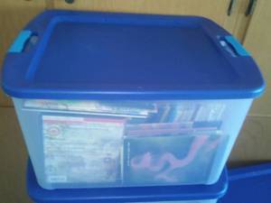 lot 90 image: NEW 18 gallon Sterilite latch  carry with contents