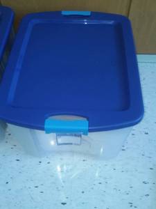 lot 95 image: NEW 18 gallon Sterilite latch  carry with contents