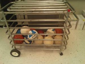 lot 749 image: Ball Storage Crate lockable on wheels. Basketball Volley balls Footballs. Loc class rm 101
