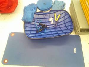 lot 753 image: Blue Exerfit Rainbow exercise set. Includes mat ball, Balance Disc and more. Loc class rm 101