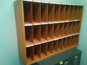 lot 780 image: Oak divided wood Cabinet - open shelves, 42.5 x 30 x 11. 10. 5 x 8 78 x 4 each cubie  30 cubbies. Loc Admin 110