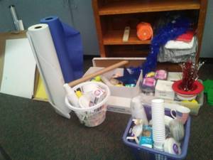 lot 789 image: Huge Lot, 3 ft. Rolls of Paper, crafts, balls, tag board  28 x22. Loc Admin