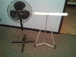 lot 793 image: Fan  tripod Paper holder, white board extends to 6 ft. Loc Admin 110