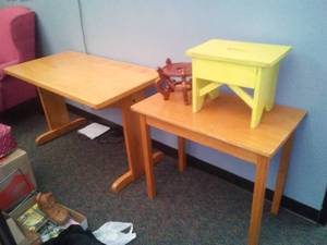 lot 577 image: Tables (2) stool, dcor.  Large table 48  24  28.5. Loc Admin 110