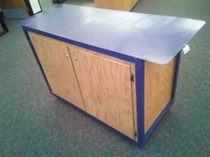 lot 616 image: Oak Cabinet with Metal Rolling frame and Top. 59.5 X 24 X 36.5. Loc Rm 111 Lbry