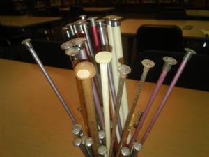 lot 620 image: Large Selection knitting needles in Mason Jar. Loc Rm 111 Lbry Office