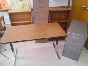 lot 636 image: Table, Bookcase (2) File Cabinet (2). Sci Rm 99