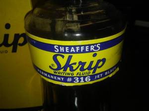 lot 647 image: Vintage Skrip Schaeffers Vintage Ink Writing Fluid bottles with box (2) Black and blue ink. Sci Rm 99