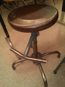 lot 674 image: Vintage Stools and more. Bookcase, Stools (2) Chair and table. Sci Rm 99
