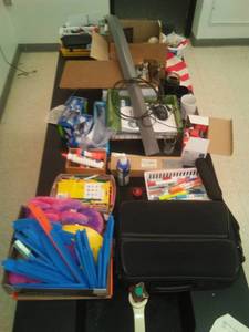 lot 676 image: Plethora of Desk Supplies, see pictures, includes new laptop case and much much more. Loc Sci Rm 99