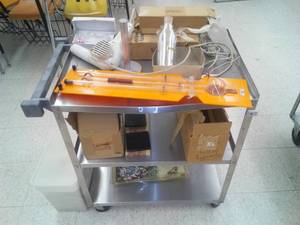lot 678 image: Stainless cart and more. Cart measures 31  31 18.  Loc Sci Rm 99