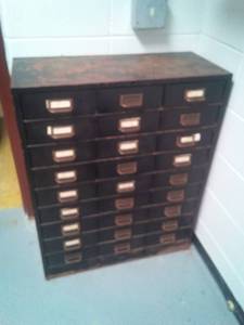 lot 566 image: 27 metal drawer, vintage 38 x 29. 5 x 12.75. Loc Boys Sport Office