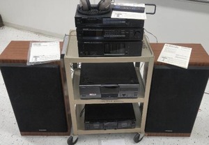 lot 390 image: Kenwood KT-56-KM106 Sony Stereo Cassette Deck. Kenwood multi CD player, stereo power amplifier, synthesizer tuner and Speakers (2) 12 x 12 x 32 on Metal Rolling Cart with manuals. Working&nbspFABULOUS