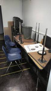 lot 425 image: 4 wedge trapezoid tables, media cart, electronics, chairs and more