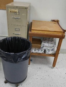 lot 427 image: Large art room paper cutter, paper, file, contents and more.