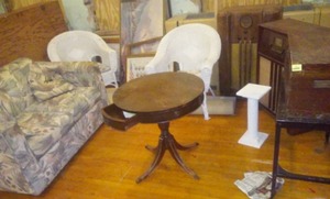 lot 699 image: Furniture and Artwork  framed pictures  12, wickers, floor radios (2) tables, wood box and more. Loc 3-Prop Rm