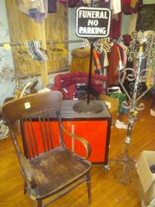 lot 703 image: 4 Misc. Chair, Cart, lamp and Sign. Lamp is 5 ft. tall. Loc 3-Prop Rm