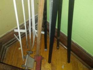 lot 727 image: Track starting Blocks (4) Metal poles and more. Loc 3-D Rm