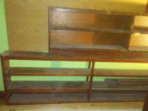 lot 728 image: Wood Bookcase Shelving Units,#1 measures 180 x 36 x 12, 3 shelf wood cabinet. #2 measures 96 x 28 x 12. Loc 3-D Rm