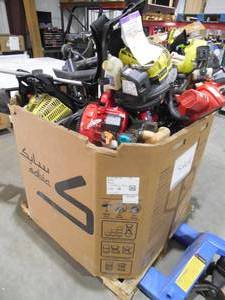 lot 22 image: PALLET LOT OF BLOWERS, WEED WHIPS, POWER TOOLS FOR PARTS