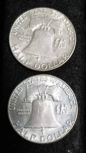 lot 26 image: 2 AU-UNC 1963-D FRANKLIN HALF DOLLARS