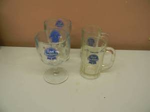 lot 5 image: Vintage Pabst Blue Ribbon Beer Thumbprint Goblets Set of 2 14oz & 2 Vintage Pabst Blue Ribbon Beer Mugs - Old School - SEE PICTURES